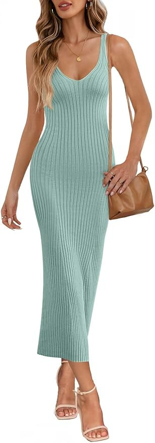 MEROKEETY Womens Summer Spring Midi Dress 2026 Beach Vacation Bodycon V Neck Casual Sleeveless Ri... | Amazon (US)