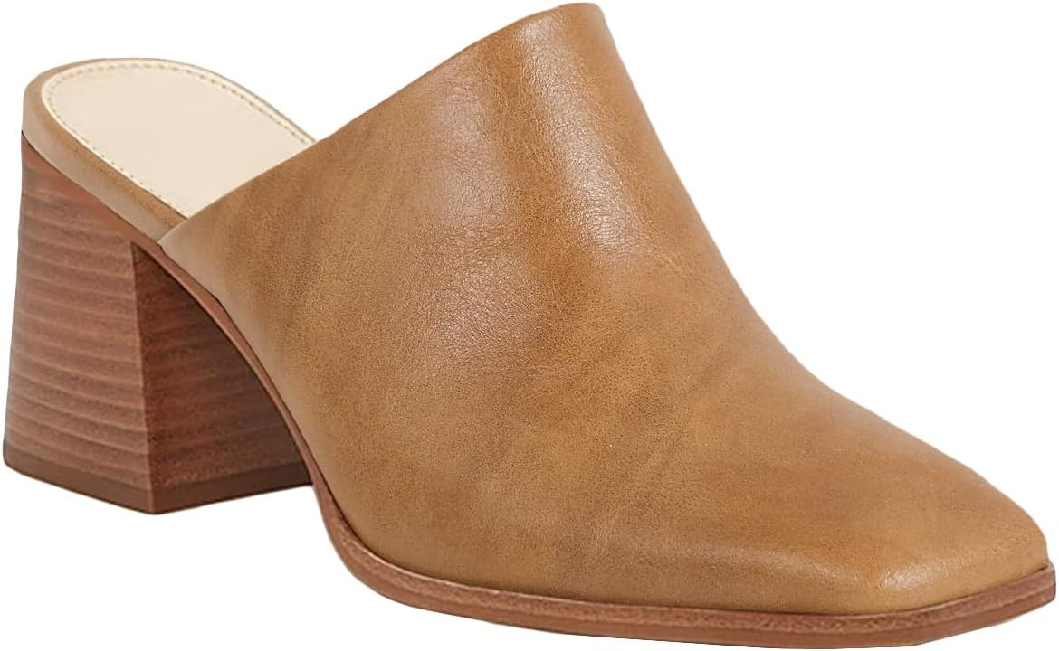 Womens Chunky Stacked Heel Mules Closed Square Toe Heeled Slip on Clogs Casual Backless Loafers Shoes | Amazon (US)