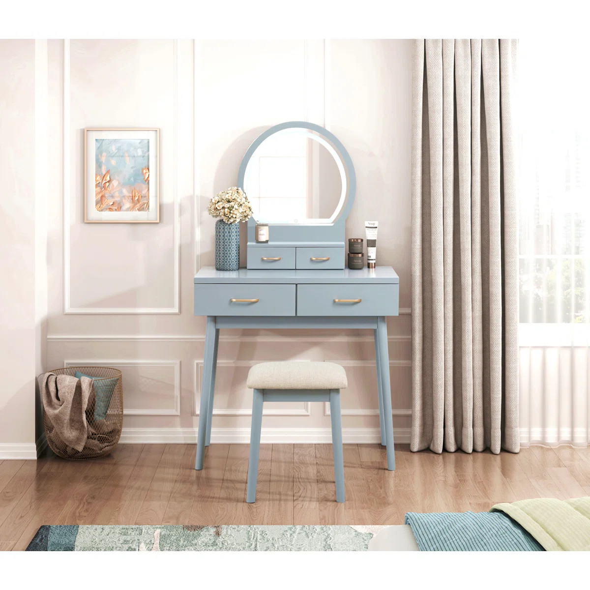 Beautiful Finish Vanity Dresser With Mirror And Stool Set Storage Drawers Furniture 1Pc Led Mirro... | Wayfair North America