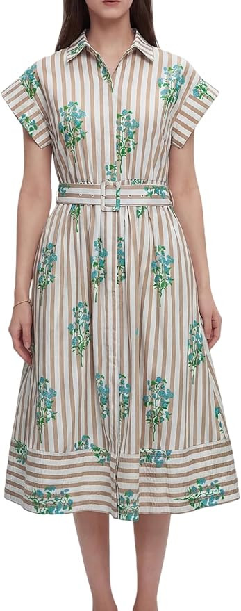 Women Summer Dresses 2025 Casual Wing Short Sleeve Button Down Midi Dress Floral Long Dress with ... | Amazon (US)