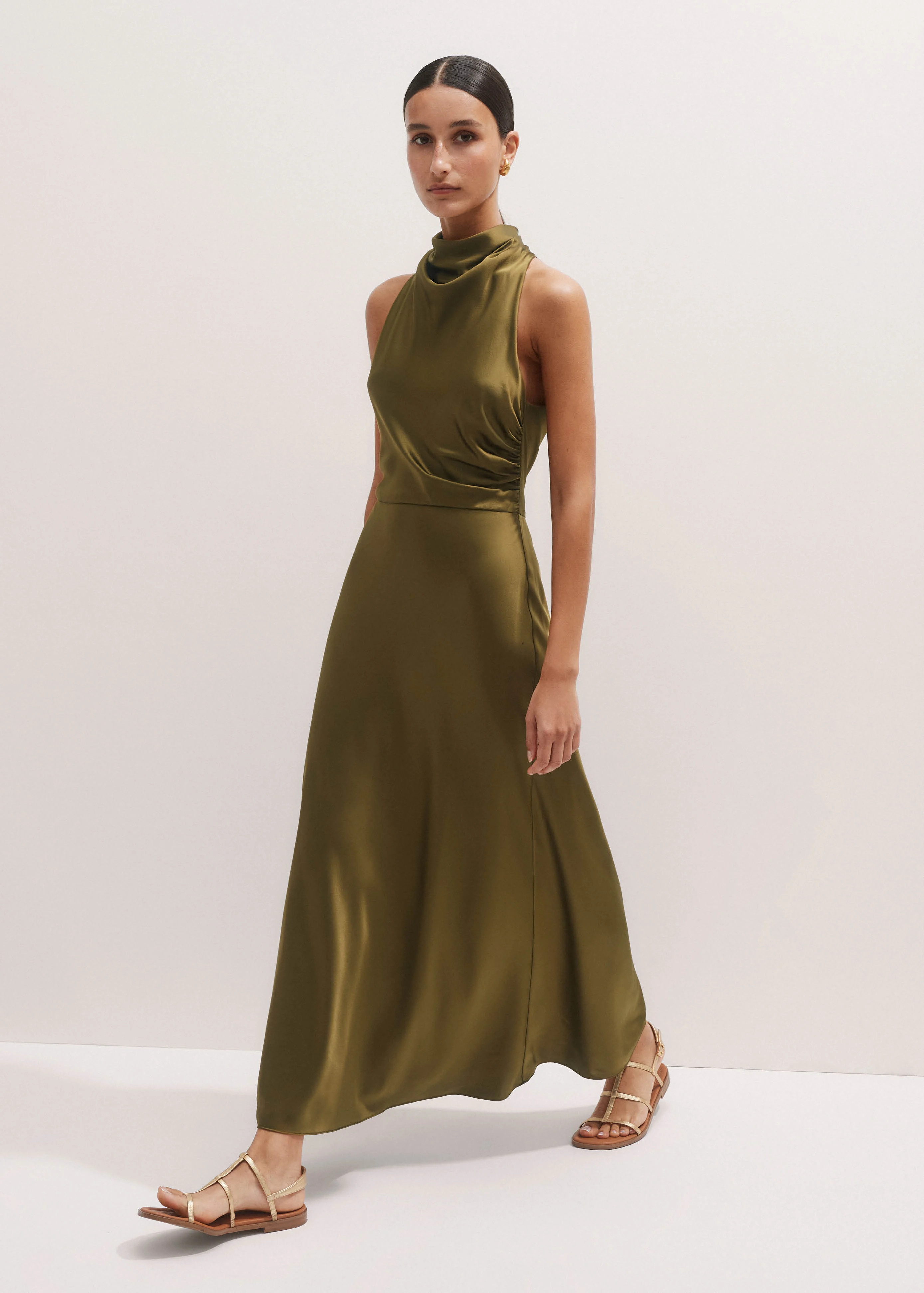 Women's Olive Draped Halterneck Maxi Dress | ME+EM | ME+EM Global (Excluding US)