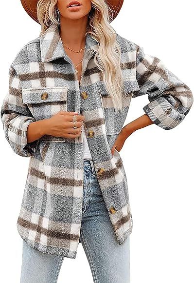 Women's Autumn / Winter Casual Oversized Shirt Jacket with Buttons, Warm Long-Sleeve Coat Blouse,... | Amazon (DE)