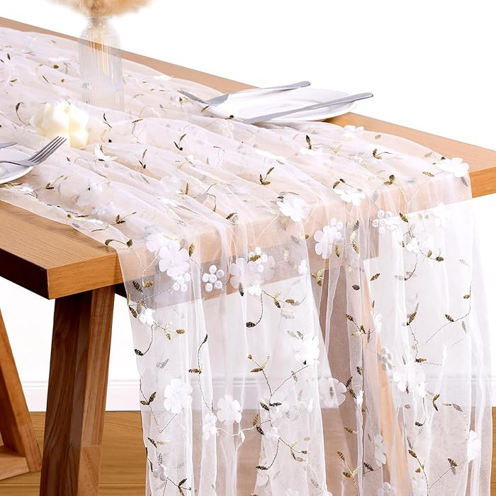 VAIPI Embroidery Floral Table Runner Rustic Spring Summer Wildflower Tulle Table Runner Vintage B... | Amazon (US)