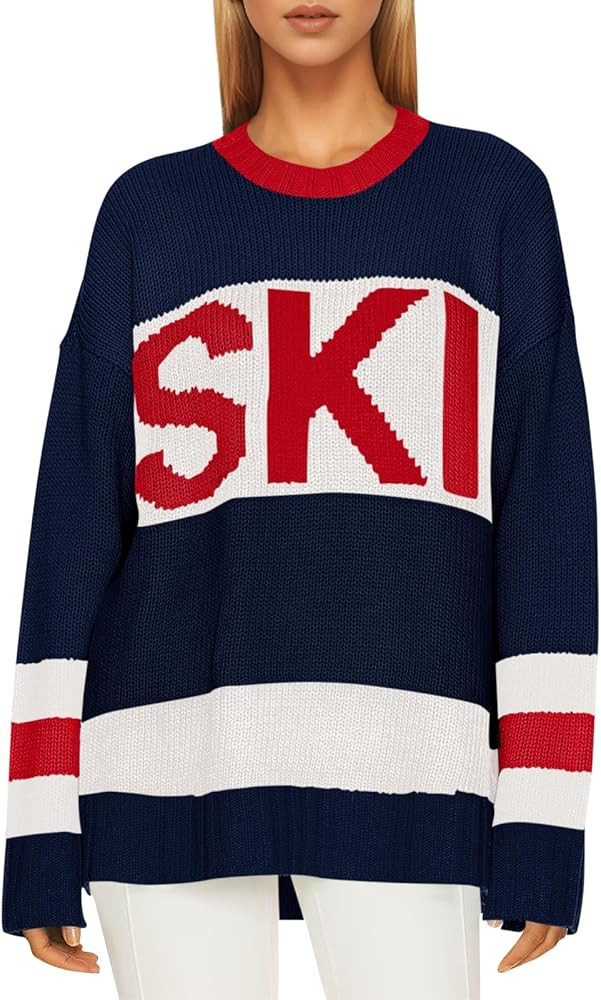 Saodimallsu Womens Color Block Oversized Sweater Ski Print Fall Trendy Crew Neck Long Sleeve Pull... | Amazon (US)
