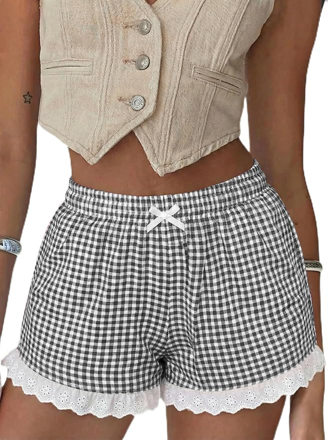 Aoulaydo Boxer Shorts for Women Pajama Gingham Shorts Casual Lounge Sleep Plaid Y2K Beach Bottoms... | Amazon (US)