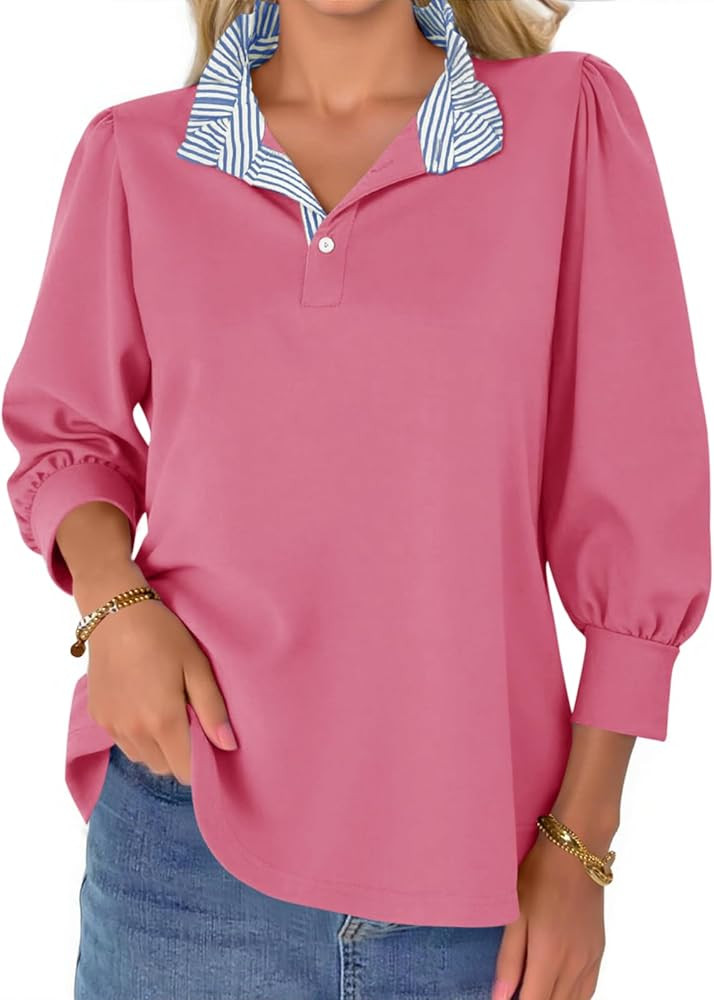 Amazon.com: Womens 3/4 Length Puff Sleeve Tops Dressy Casual Ruffle V Neck Blouses Color Block Lo... | Amazon (US)