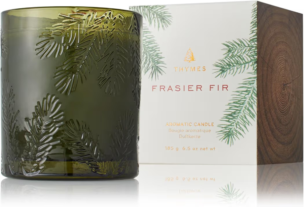 Thymes Frasier Fir Candle - Molded Green Glass Jar with Pine Needle Design - Winter Candle Gifts ... | Amazon (US)