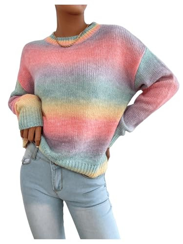 GORGLITTER Women's Rainbow Colorful Sweater Crewneck Long Sleeve Lightweight Pullover Sweater Top Pink Rainbow Small | Amazon (US)