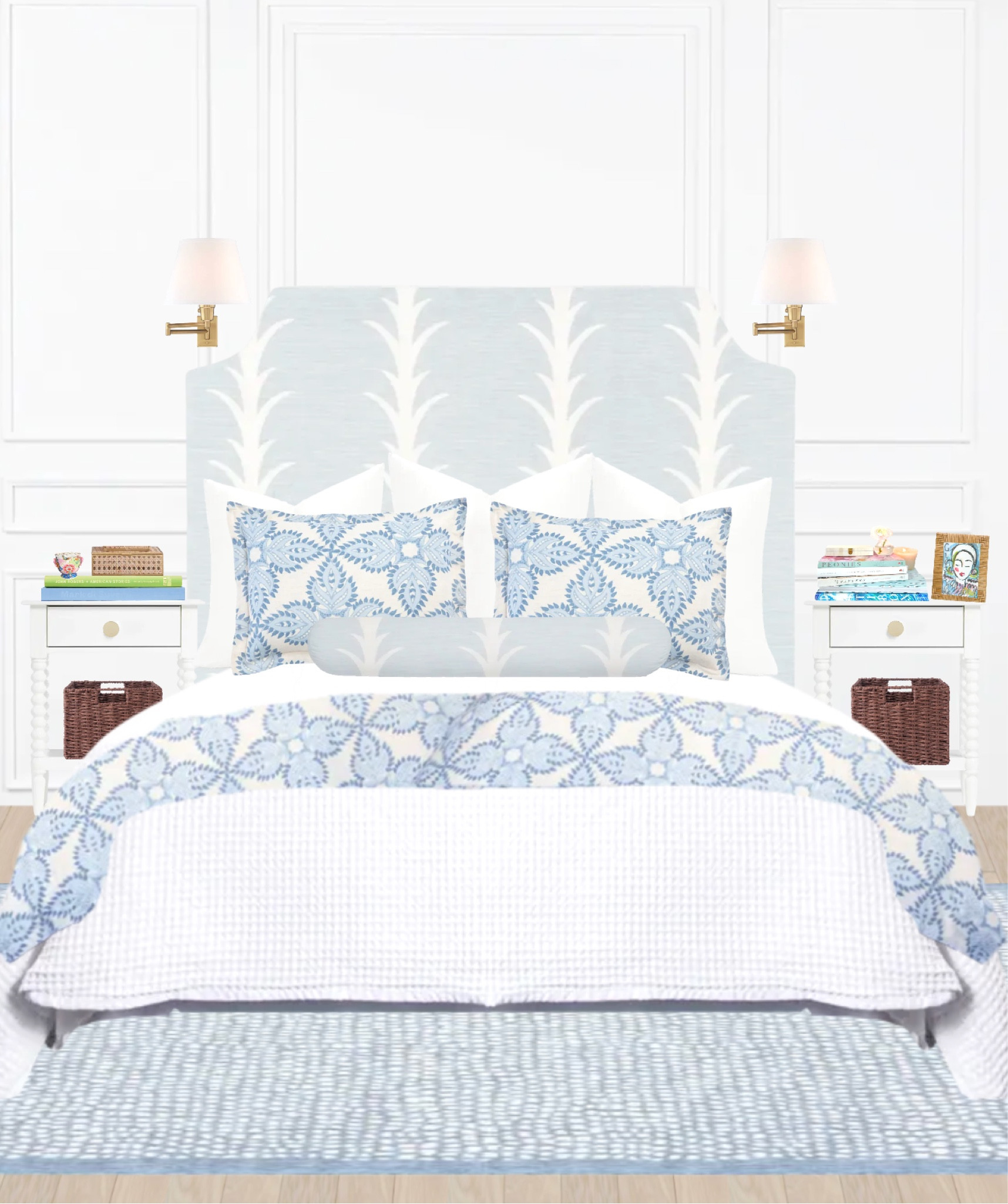 Bedroom design, blue and white headboard, upholstered headboard, blue and white duvet,  waffle quilt, white bedding, coastal modern bedroom, blue and white rug, gold wall lamps, swing arm wall lamp, traditional bedroom, interior design, interior decor, bedroom accessories, southern style, grand millennial home, coastal home, beach house, rattan baskets, whicker basket, night stand, chinoiserie pattern 

#LTKunder100 #LTKhome #LTKstyletip