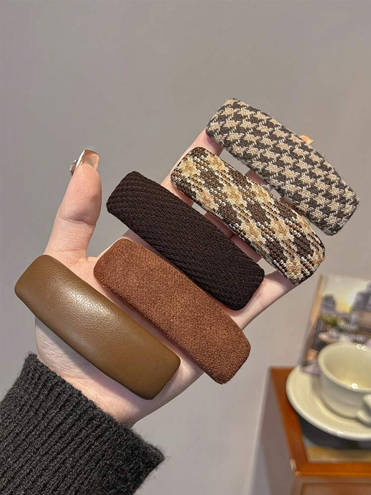 5pcs Women's Houndstooth Stripe Leather Fashionable And Versatile 8cm/3.15in Hair Clips, Elegant And Minimalist Style Hairpin, Suitable For Daily Wear, Parties, Commuting, Holidays, Hairstyling And Cosmetics For Matching Clothes And Accessories,School Claw Clips Hair Claws Hair Barrettes, School Stuff, College | SHEIN