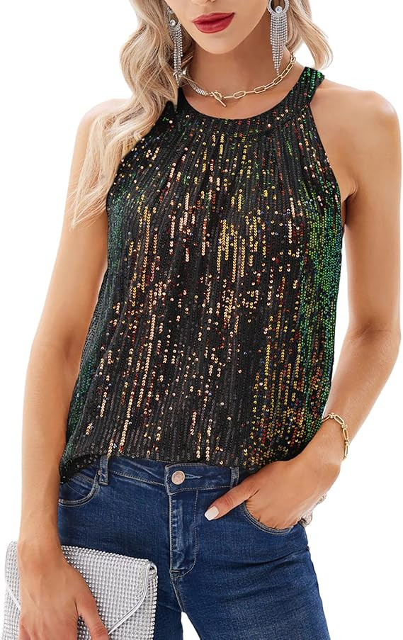 GRACE KARIN Sequin Halter Tops for Women Sleeveless Sparkly Shiny Tank Tops Ruched Flowy Sparkly ... | Amazon (US)