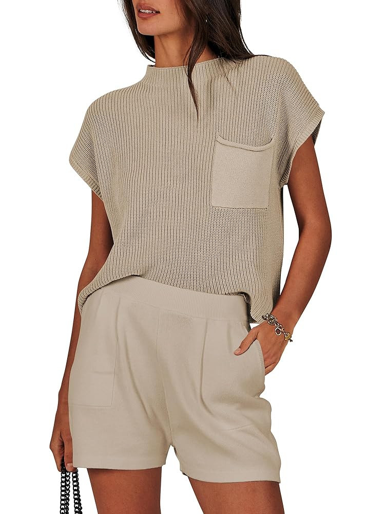ANRABESS Women's Two Piece Summer Outfits Knit Sweater Short Sets Pullover Tops & Shorts Lounge M... | Amazon (US)