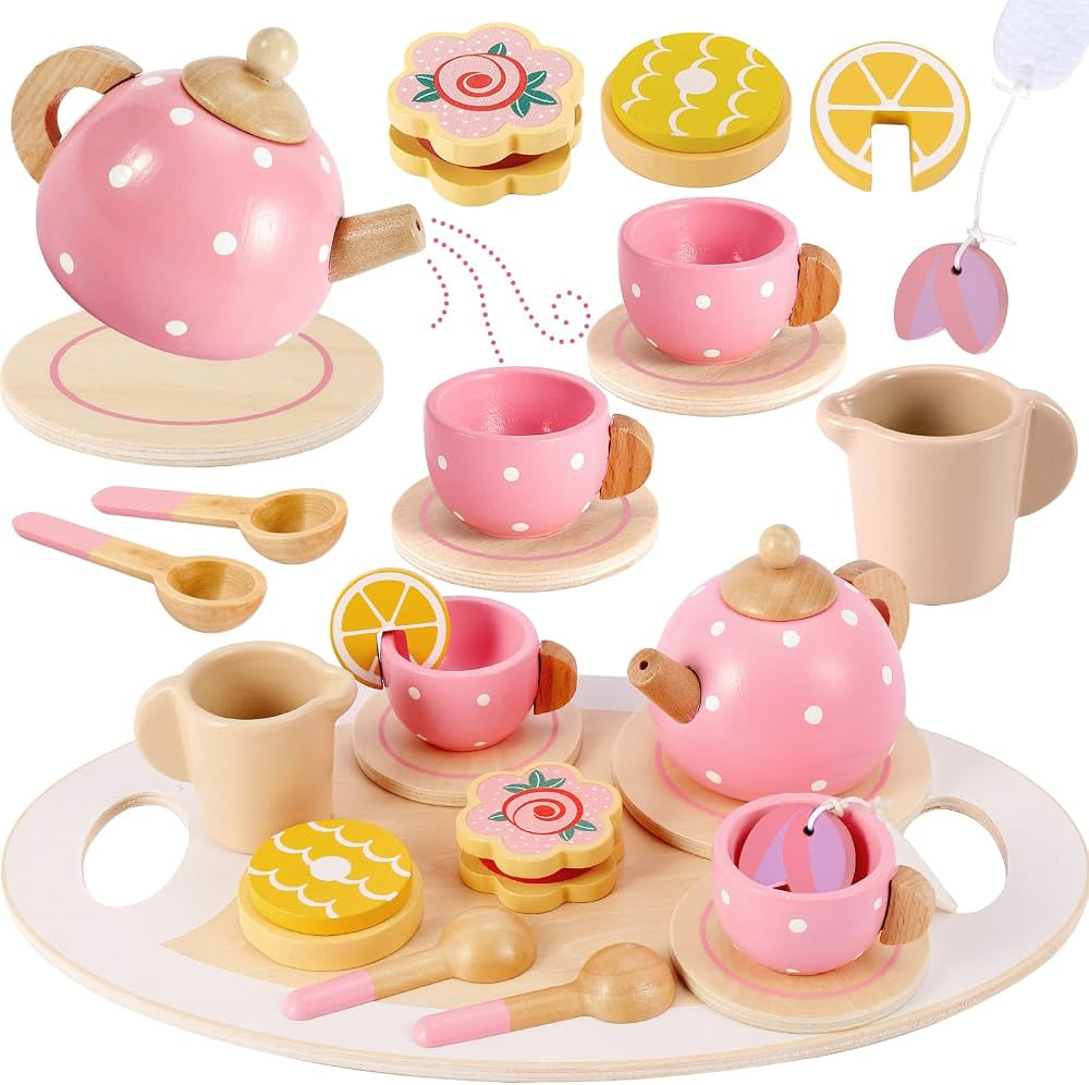BUYGER Wooden Tea Party Set for Little Girls, Kids Wooden Kitchen Sets Play Food Accessories with... | Amazon (US)
