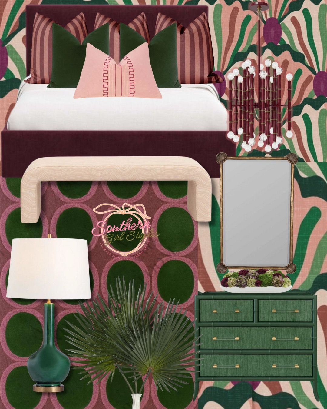 ✨ Pattern Play Meets Southern Charm ✨
Bold, whimsical, and unapologetically feminine — this bedroom is proof that color and confidence belong together 💕 From the scalloped wallpaper to the emerald dresser and plum velvet bed, every element tells a story of southern sophistication with a modern twist.

💚 Style Tip: Mix structured patterns (like the polka dot rug) with organic textures (like palms + florals) to keep bold designs balanced and livable.

Shop this full look — linked for you below! 🛍️
#LTKHome #BedroomDesign #SouthernStyle #GrandmillennialDecor #MaximalistInteriors #ColorLover #HomeGoals #InteriorDesignInspo

#LTKSeasonal #LTKHome #LTKFamily