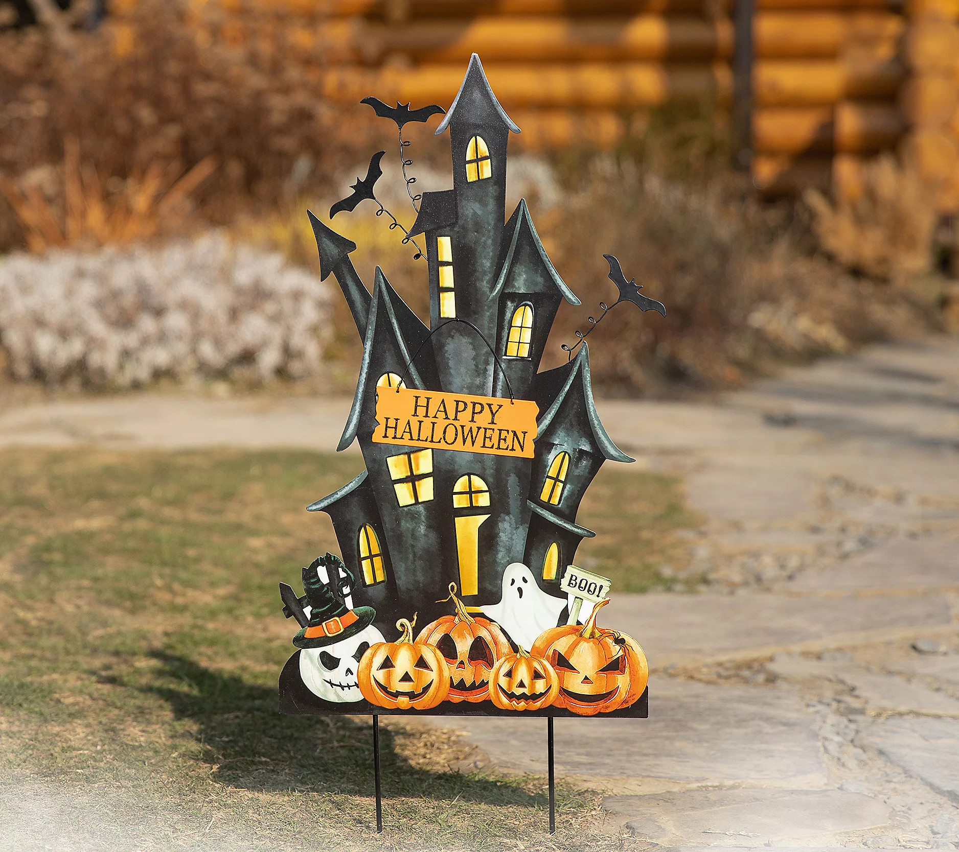 Glitzhome 32""H Halloween Metal Haunted House Ga rden Stake | QVC