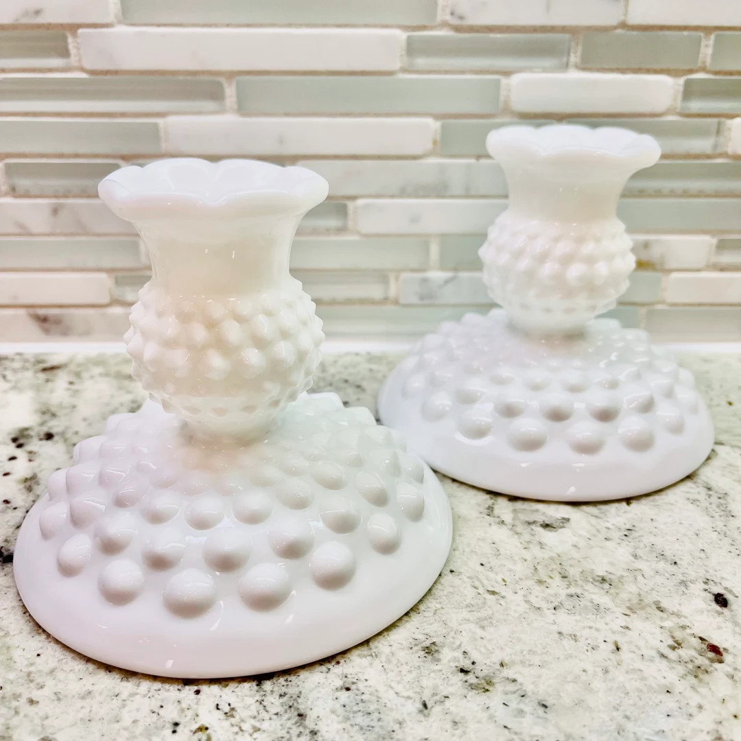 Set of (2) Vintage Milk Glass Hobnail Candle Holders | White Vintage Candle Holders | Vintage Hob... | Etsy (US)