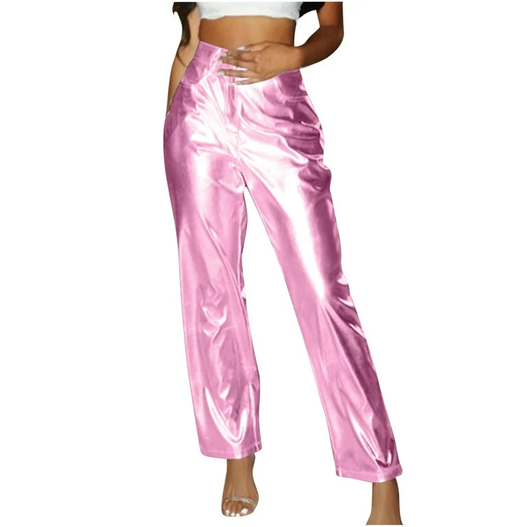 XFLWAM Women's Shiny Metallic Rave Pants Straight Leg Faux Leather High Waist Pants with Pockets ... | Walmart (US)