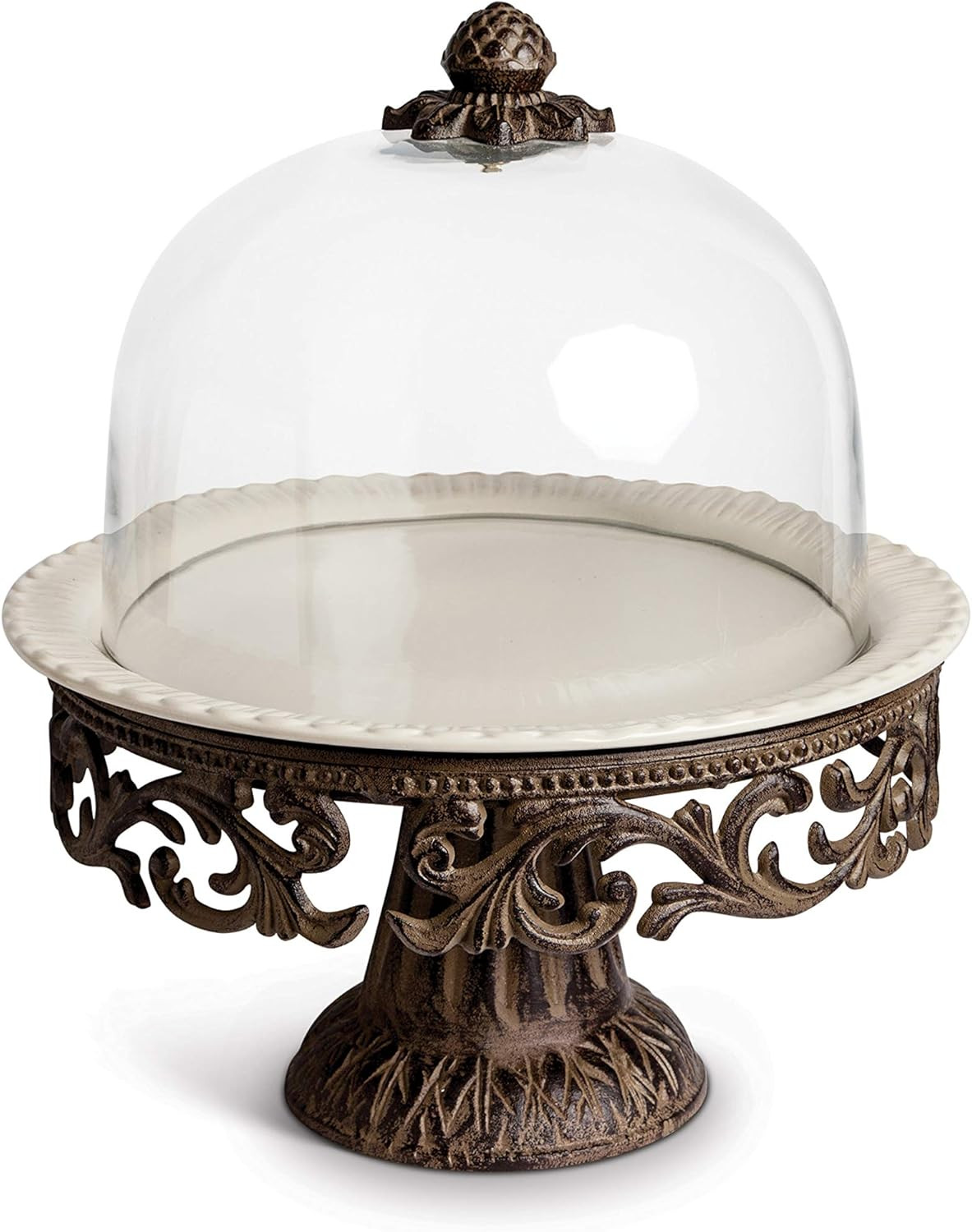 Glass Domed Cake Pedestal With Acanthus Leaf Ornate Brown Metal Base and Cream Ceramic Plate | Amazon (US)