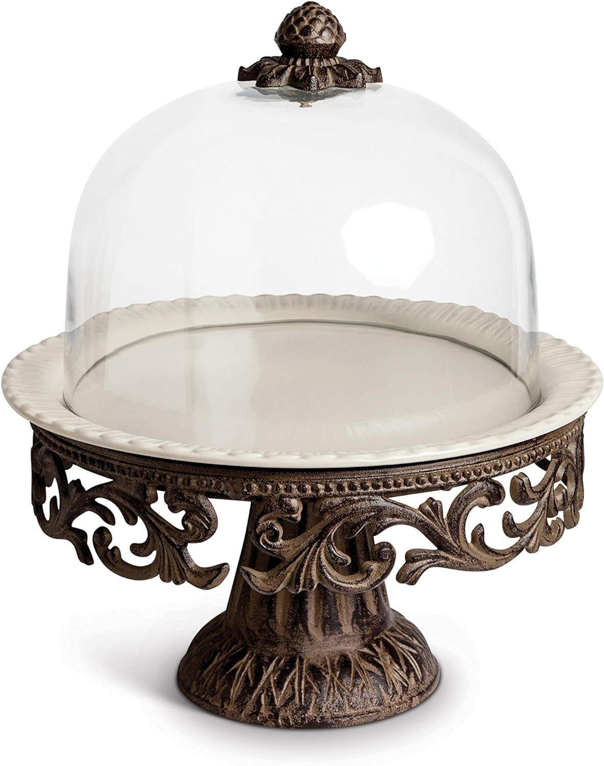 Glass Domed Cake Pedestal With Acanthus Leaf Ornate Brown Metal Base and Cream Ceramic Plate | Amazon (US)
