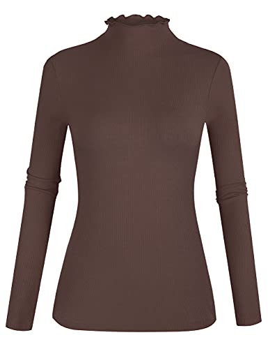POPZONE Women's Lettuce Trim Mock Neck Long Sleeve Slim Fit Ribbed Knit Tee Shirt Tops | Amazon (US)