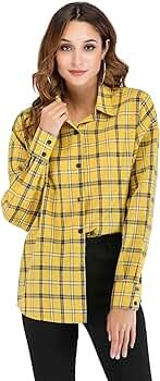 SweatyRocks Women's Long Sleeve Collar Plaid Long Button Down Shirt Blouse Tops Black Large at Am... | Amazon (US)