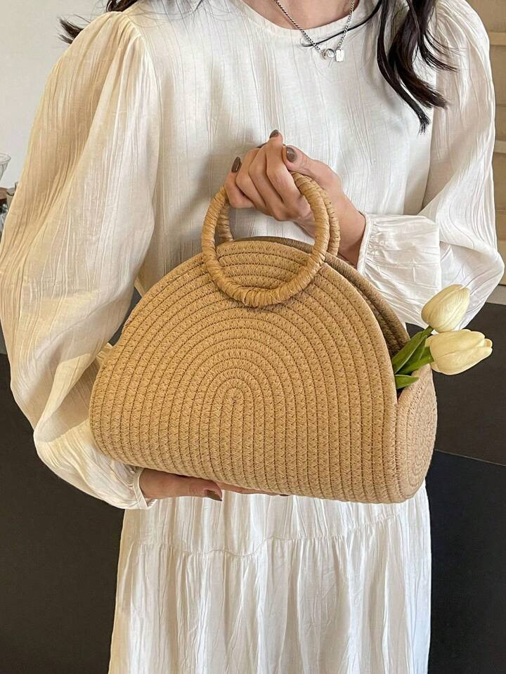 Beach Straw Semi-Circular Tote Bag,Ring Top-Handle Handmade Rattan Woven Basket,Bohemia Vacation ... | SHEIN