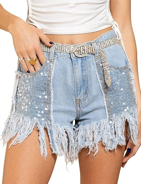 happlan Women's Sequin Pockets Curly Fringe Casual Denim Shorts | Amazon (US)