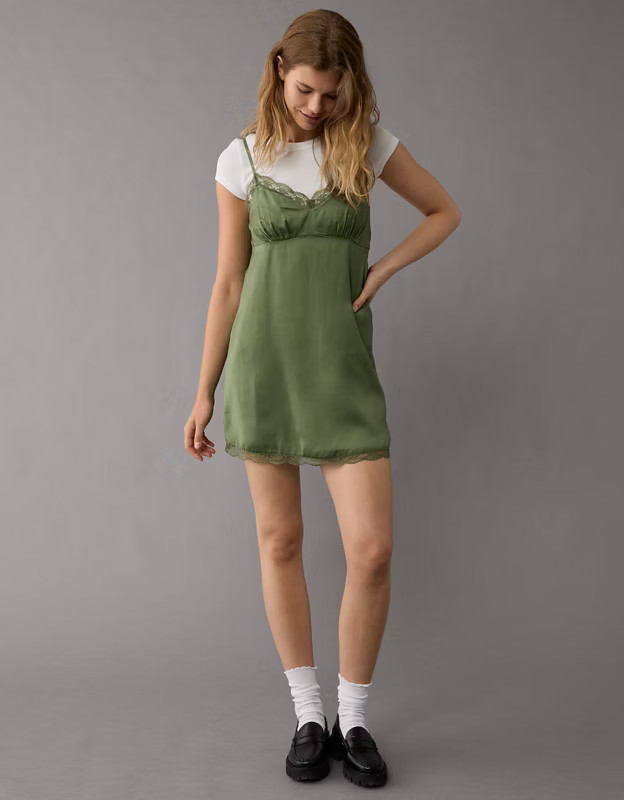 AE Satin Look Lace Slip Mini Dress | American Eagle Outfitters (US & CA)