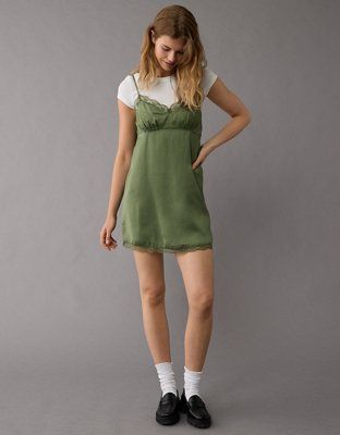 AE Satin Look Lace Slip Mini Dress | American Eagle Outfitters (US & CA)