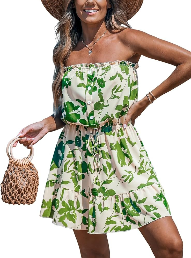 CUPSHE Women Floral Mini Summer Dress Tiered Ruffle Tube Front Button Elastic Waist Tie Casual Ho... | Amazon (US)