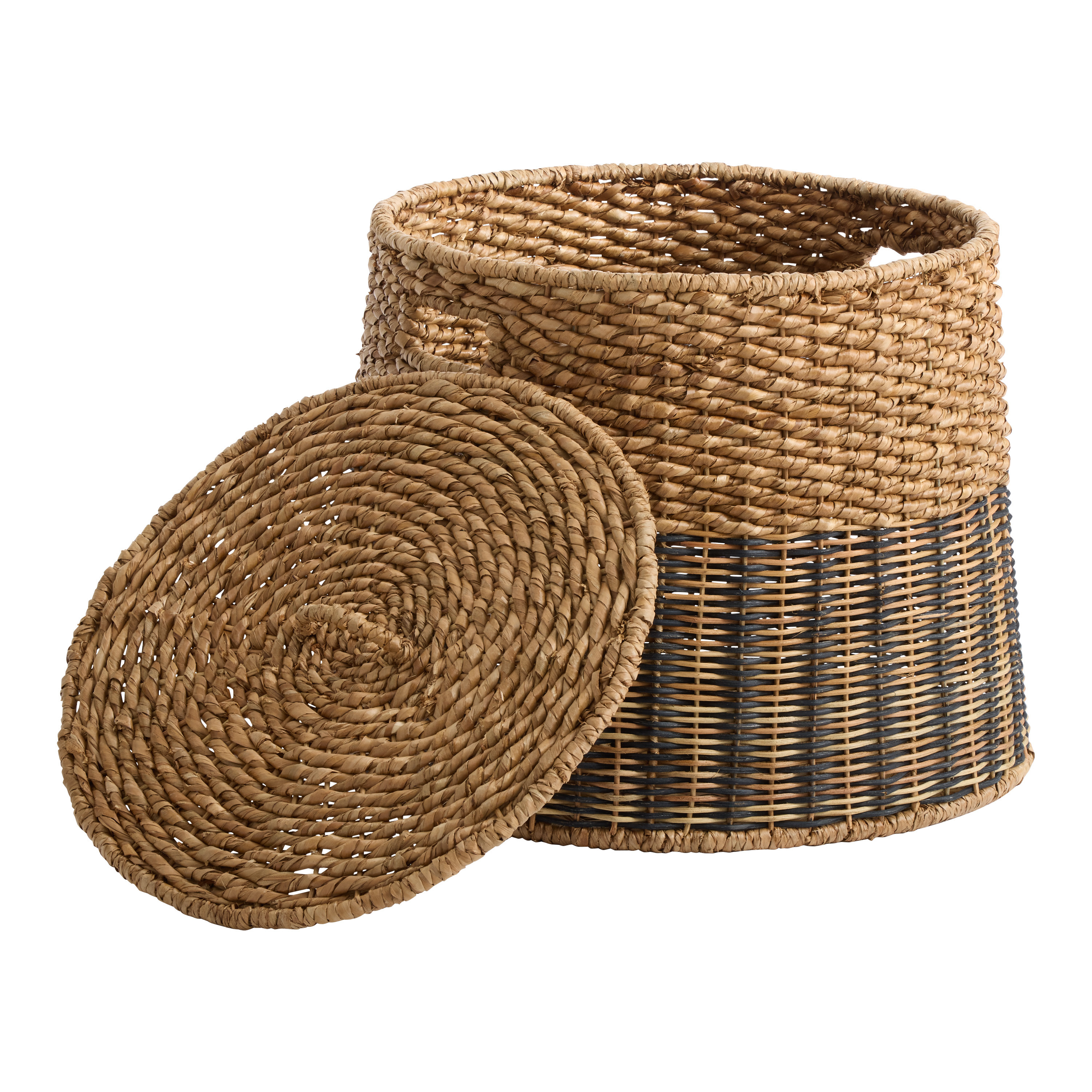 Esme Oversized Natural and Black Wicker Striped Basket with Lid | World Market