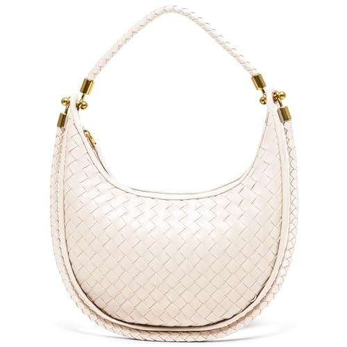 Joryin Woven Leather Crescent Shoulder Bag for Women, Saddle Purse Braided Top-Handle Handbag Under Arm Bag, Beige | Amazon (US)