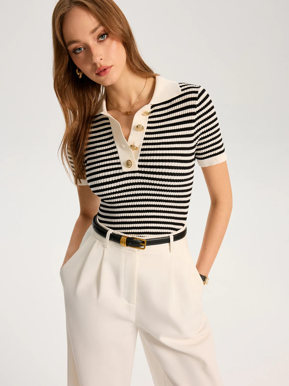Metal Button Striped Knit Polo Top | Commense
