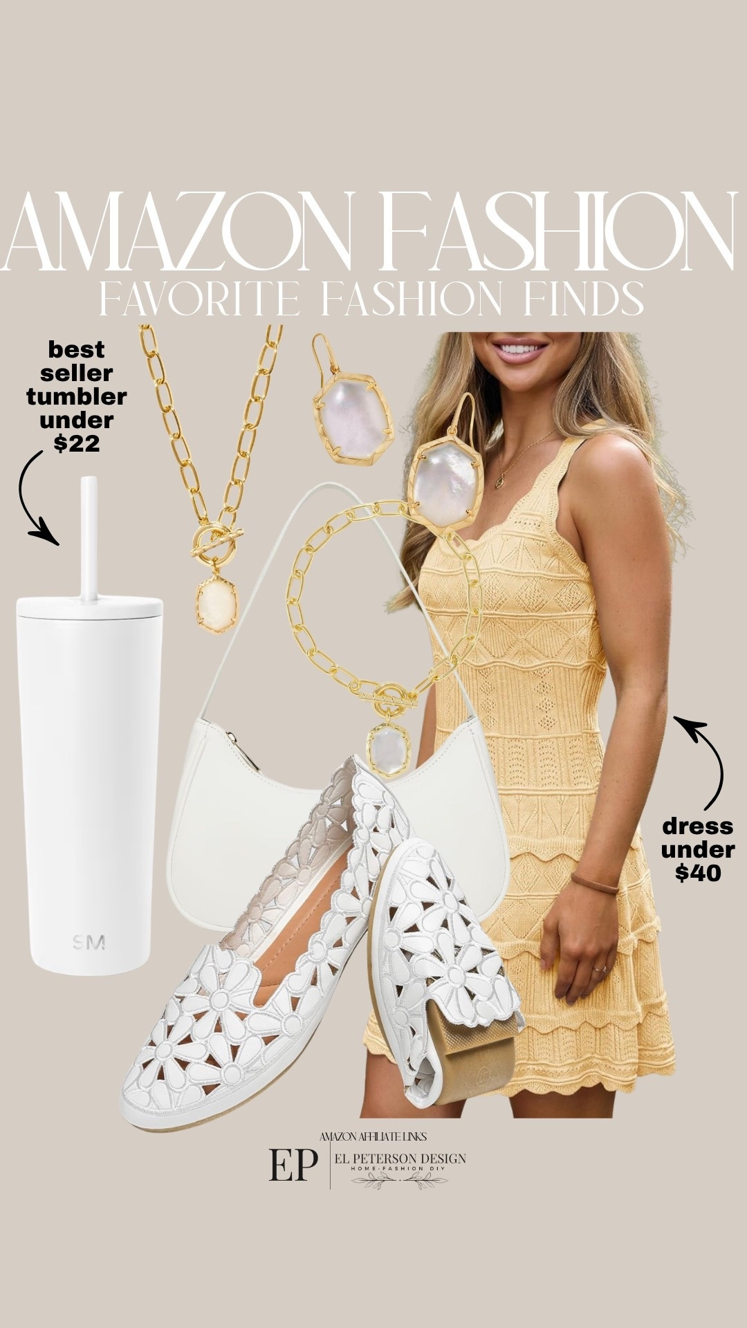 Amazon
Dress
Earrings
Necklace
Tumbler
Purse
Mules
