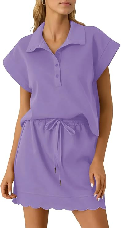 Wenrine Two Piece Skirt Sets for Women Summer Lapel Short Sleeve Top Mini Skirt Short Set Dressy ... | Amazon (US)