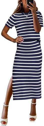 ANRABESS Womens 2 Piece Outfits Striped Sweater Skirt Sets 2026 Spring Casual Short Sleeve Pullov... | Amazon (US)