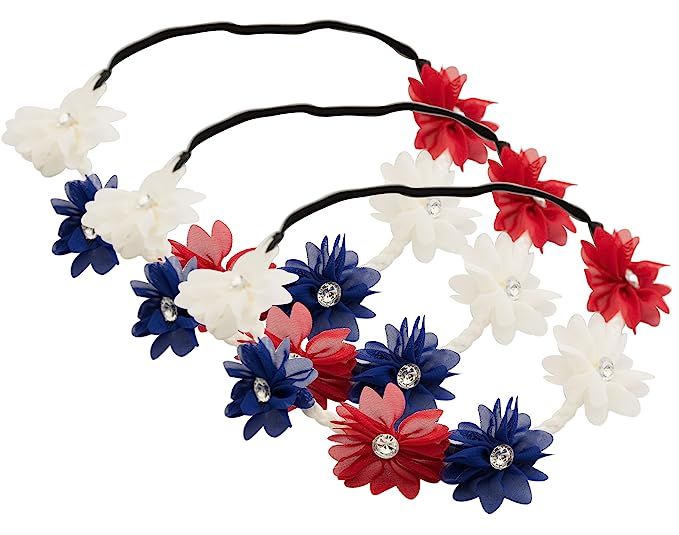Partay Shenanigans 4th of July Flower Stretch Headbands 3 Pack- American Patriotic Red White Blue... | Amazon (US)