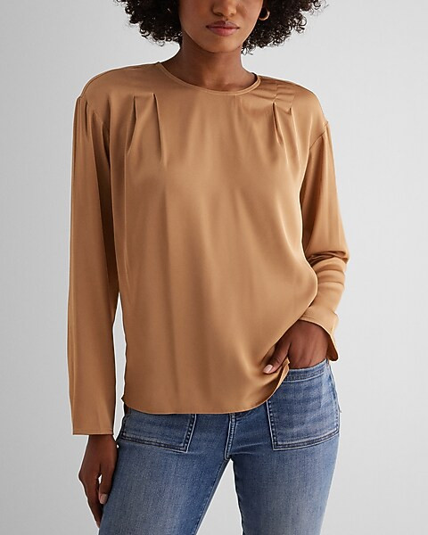 Satin Long Sleeve Pleated Gramercy Tee | Express
