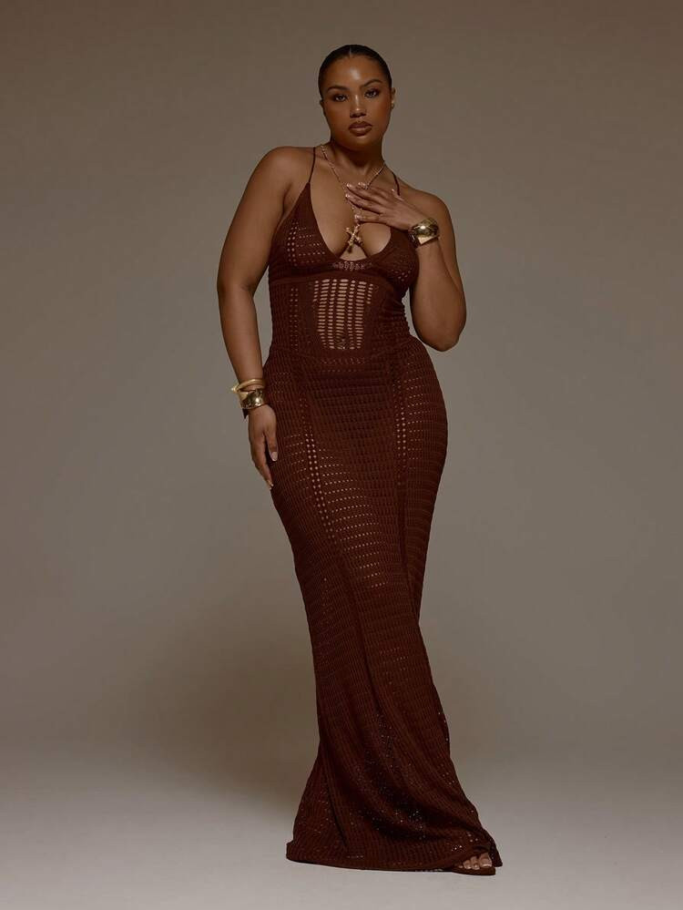 MUSERA Plus Size Brown Crochet Knit Halterneck Fitted Maxi Dress Spring Summer Cute Elegant Date Night Party Festival Holiday Vacation Beach Sexy Divinity | SHEIN