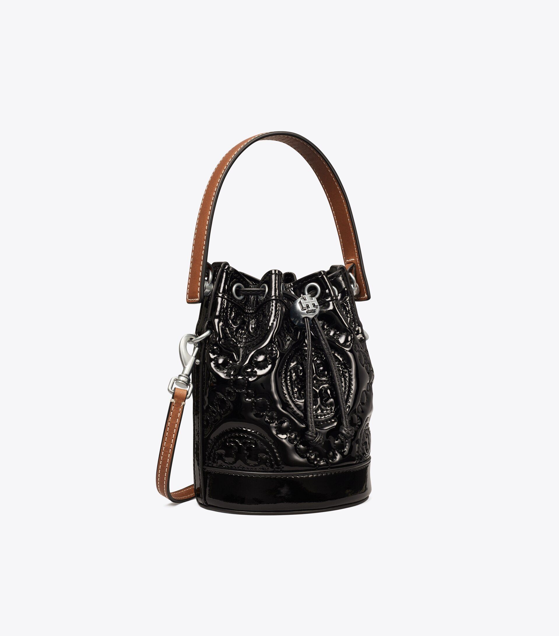 Mini T Monogram Embroidered Patent Bucket Bag: Women's Designer Crossbody Bags | Tory Burch | Tory Burch (US)