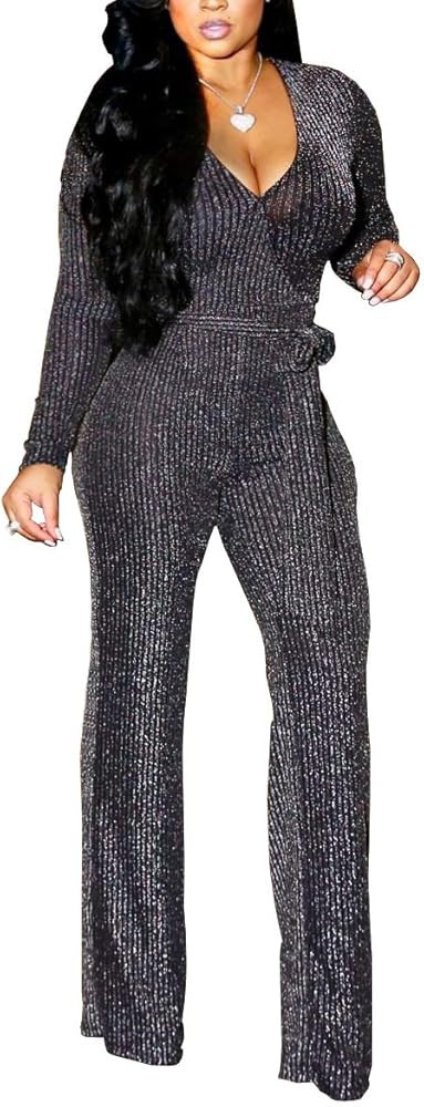 LightlyKiss Women Casual Sexy V Neck Sparkly Jumpsuits Long Sleeve Onesie Loose Pants Party Clubw... | Amazon (US)