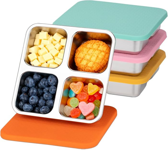 4 Pack Stainless Steel Snack Containers with Lids, 4 Compartment Snack Container Small Lunch Box,... | Amazon (US)