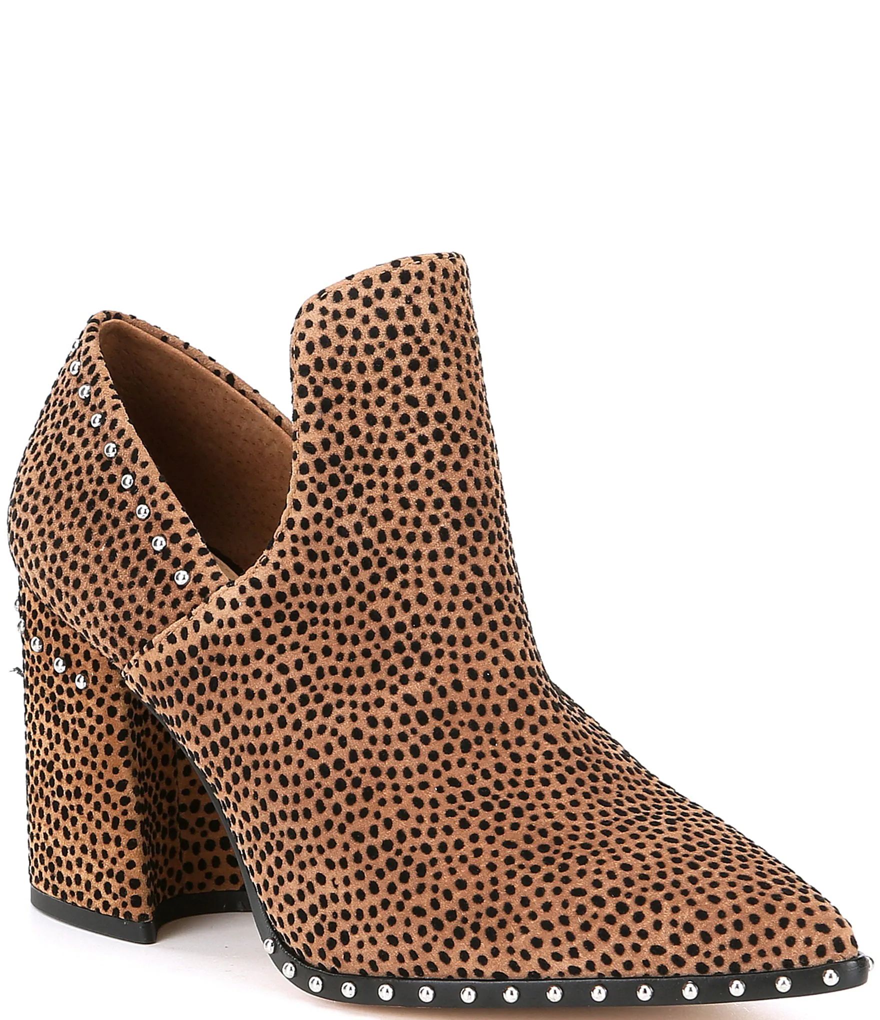 Daveigh Cheetah Print Suede Studded Western Block Heel Booties | Dillards