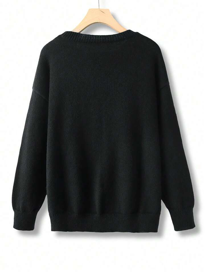 SHEIN CURVE+ Plus Size Women's Solid Color Knitted Bow Rhinestone Embroidered Elegant Pullover Sw... | SHEIN