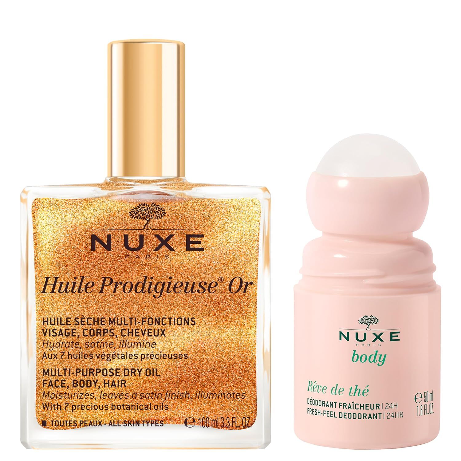 NUXE Huile Prodigieuse Shimmer Dry Oil (1.6 Fl Oz) & Rêve de Thé Aluminum-Free Deodorant (1.6 F... | Amazon (US)