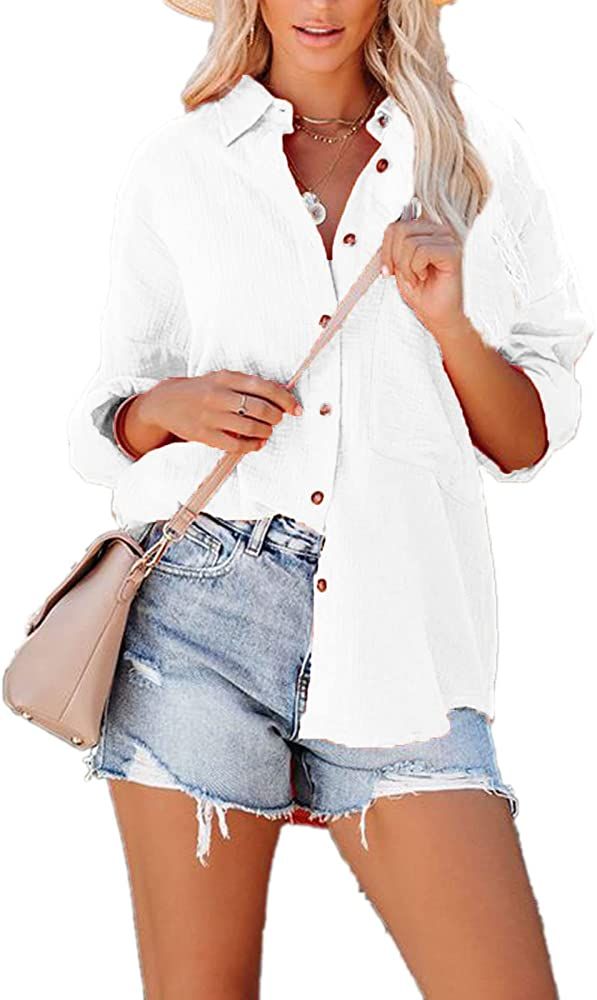 Paintcolors Women's Button Up Shirts Cotton Short Sleeve Blouses V Neck Casual Tunics Solid Color To | Amazon (US)