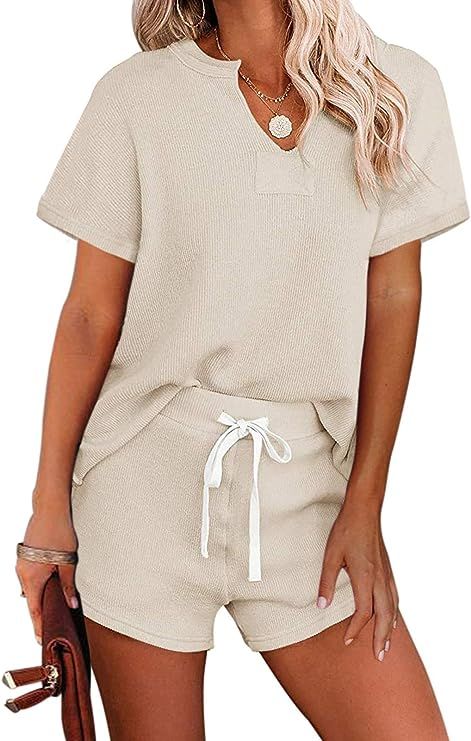 MEROKEETY Women's Short Sleeve Pajama Set Henley Tops and Shorts Sleepwear Loungewear with Pocket... | Amazon (US)