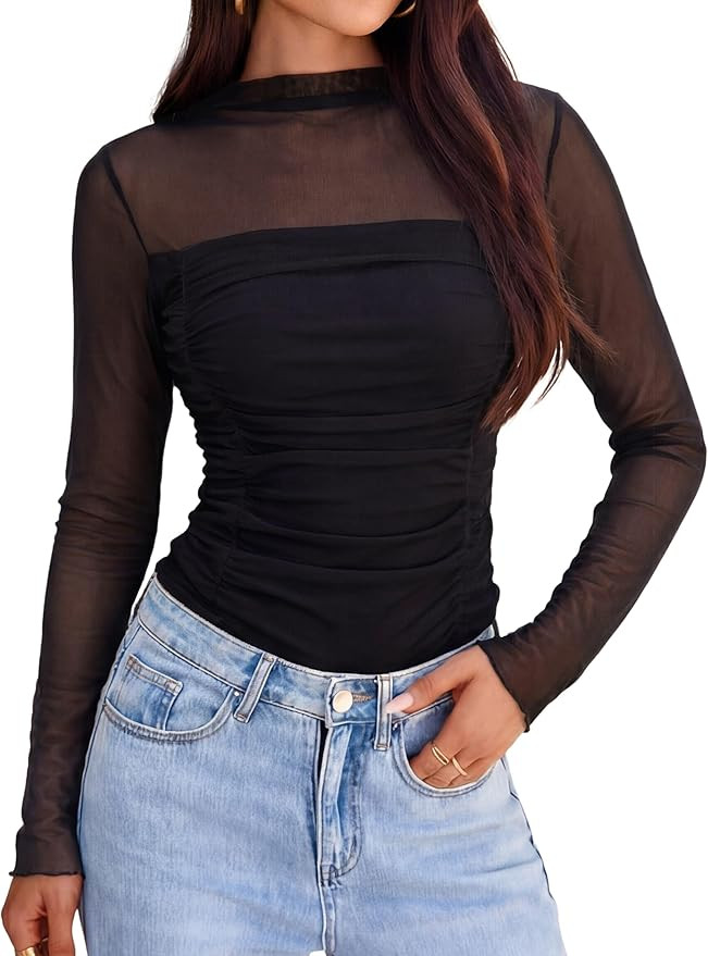 Glamaker Women's Lace Mesh Sexy Tops Long Sleeve Mock Neck Sheer Y2K Date Night Going Out Shirts ... | Amazon (US)