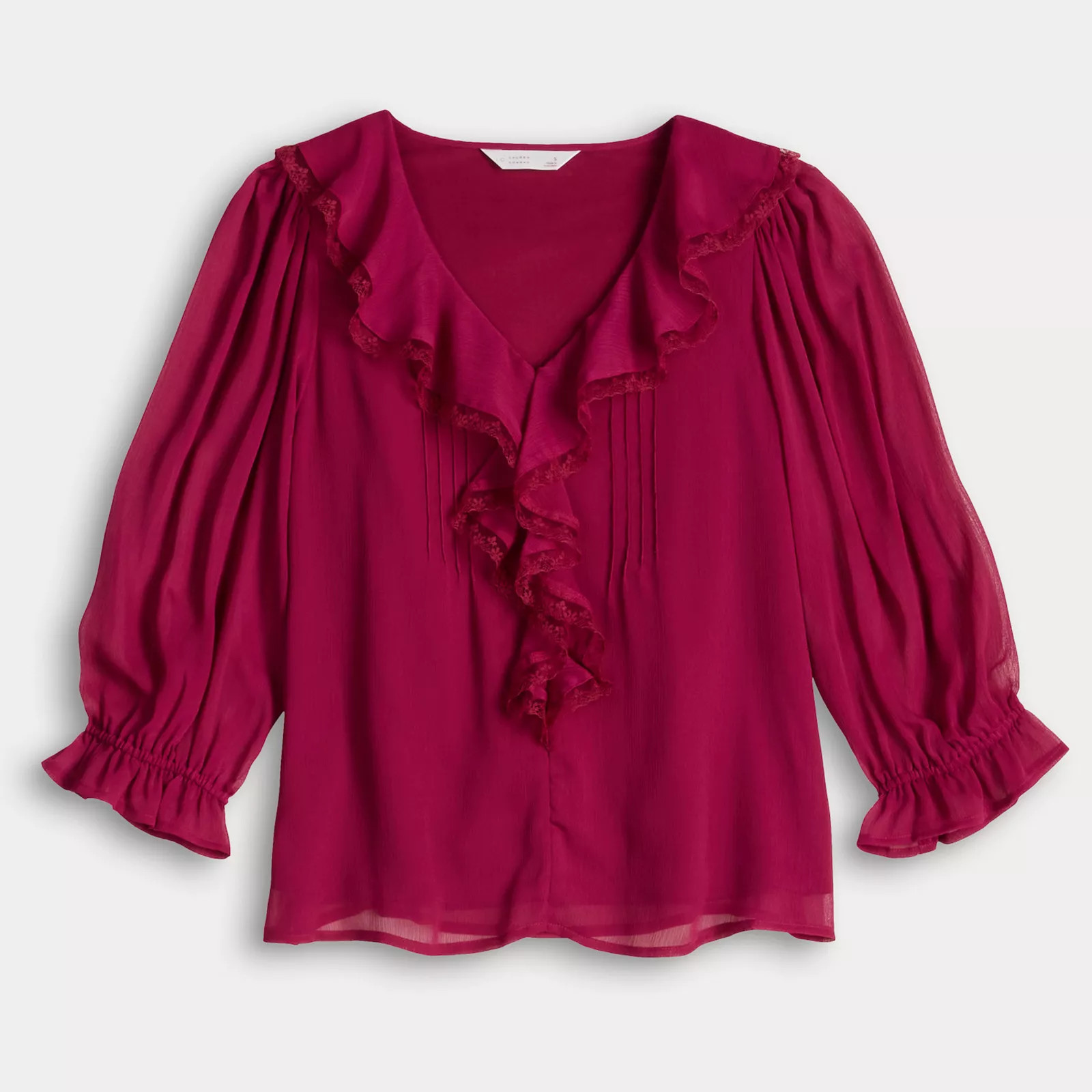 Women's LC Lauren Conrad 3/4 Sleeve Ruffle Front Blouse with Tucks | Kohl's