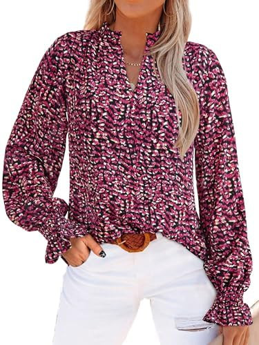MASCOMODA Womens V Neck Floral Long Sleeve Tops 2026 Summer Casual Loose Puff Sleeve Chiffon Boho... | Amazon (US)